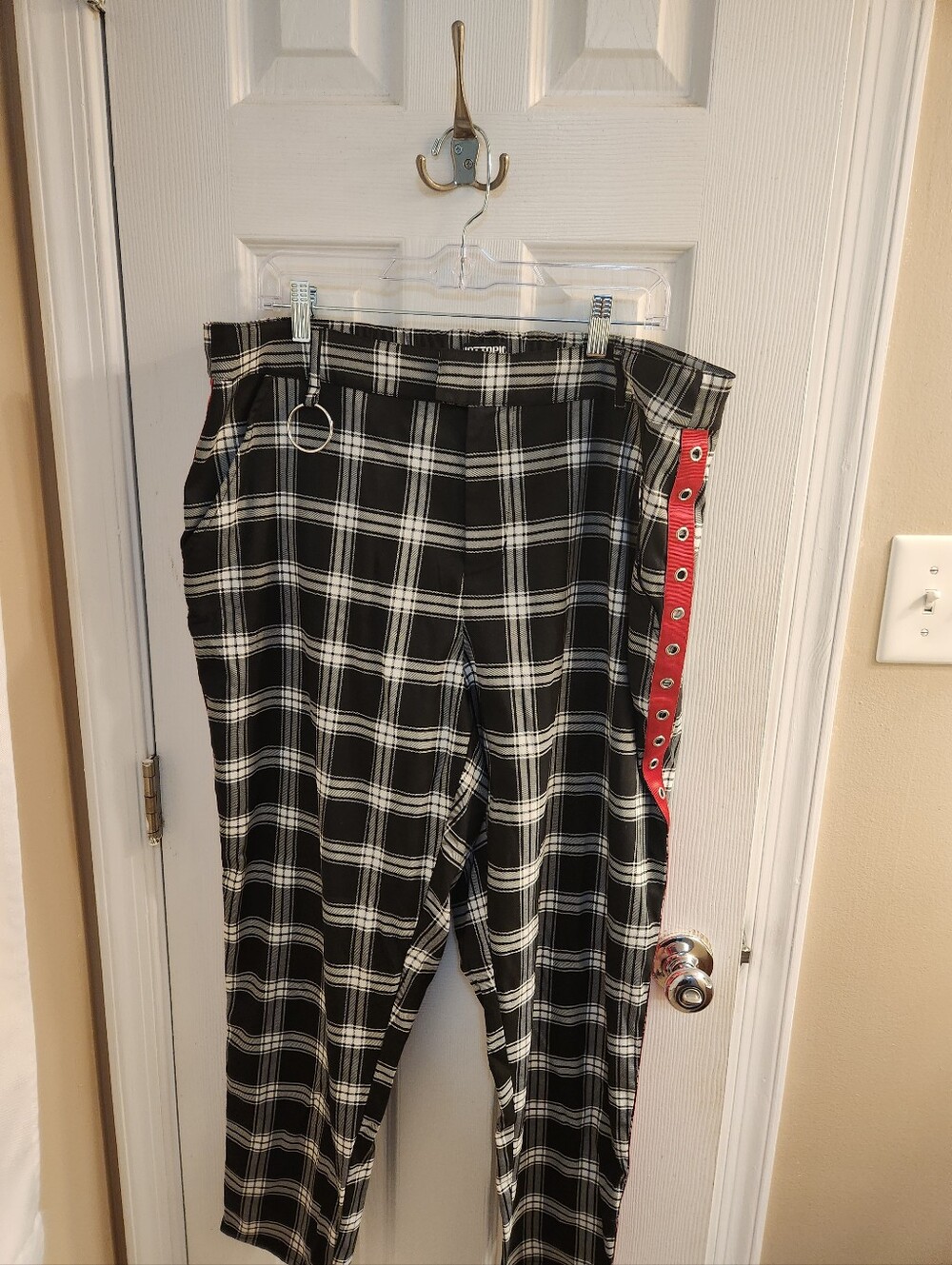 Black & White Plaid Pants with Red Grommet Side Trim